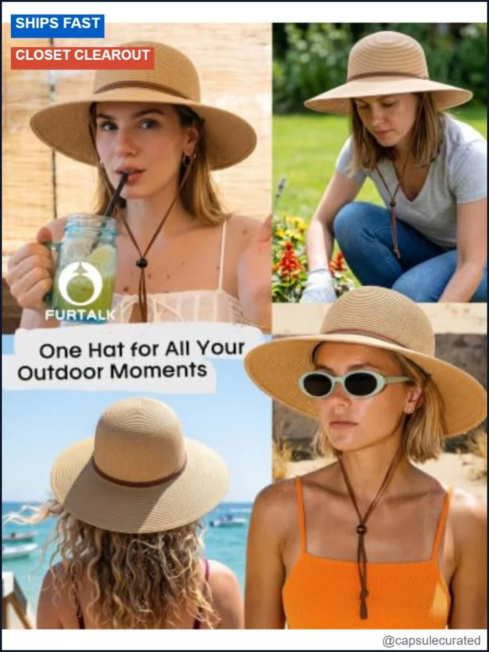 Wide Brim UPF Straw Sun Hat with Wind Lanyard